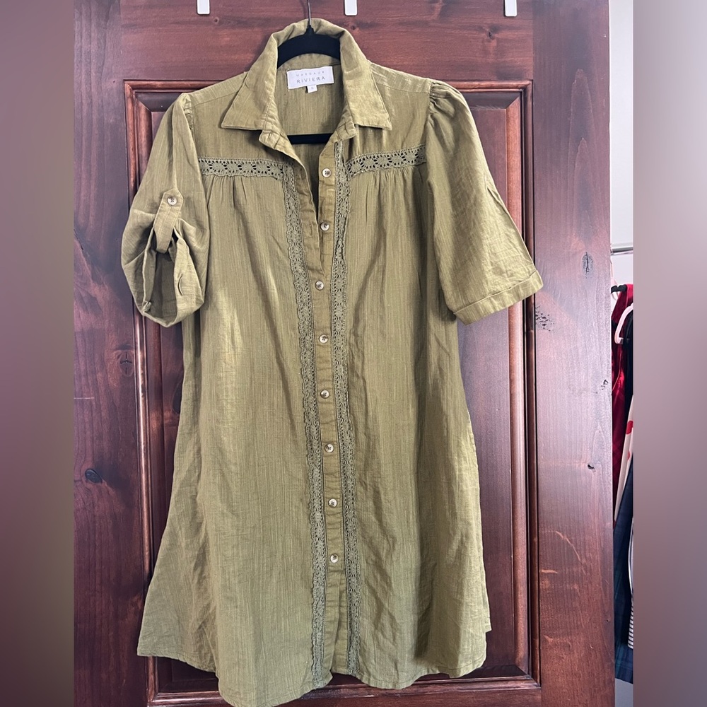 Olive Button-Front Linen Midi Dress with Pockets